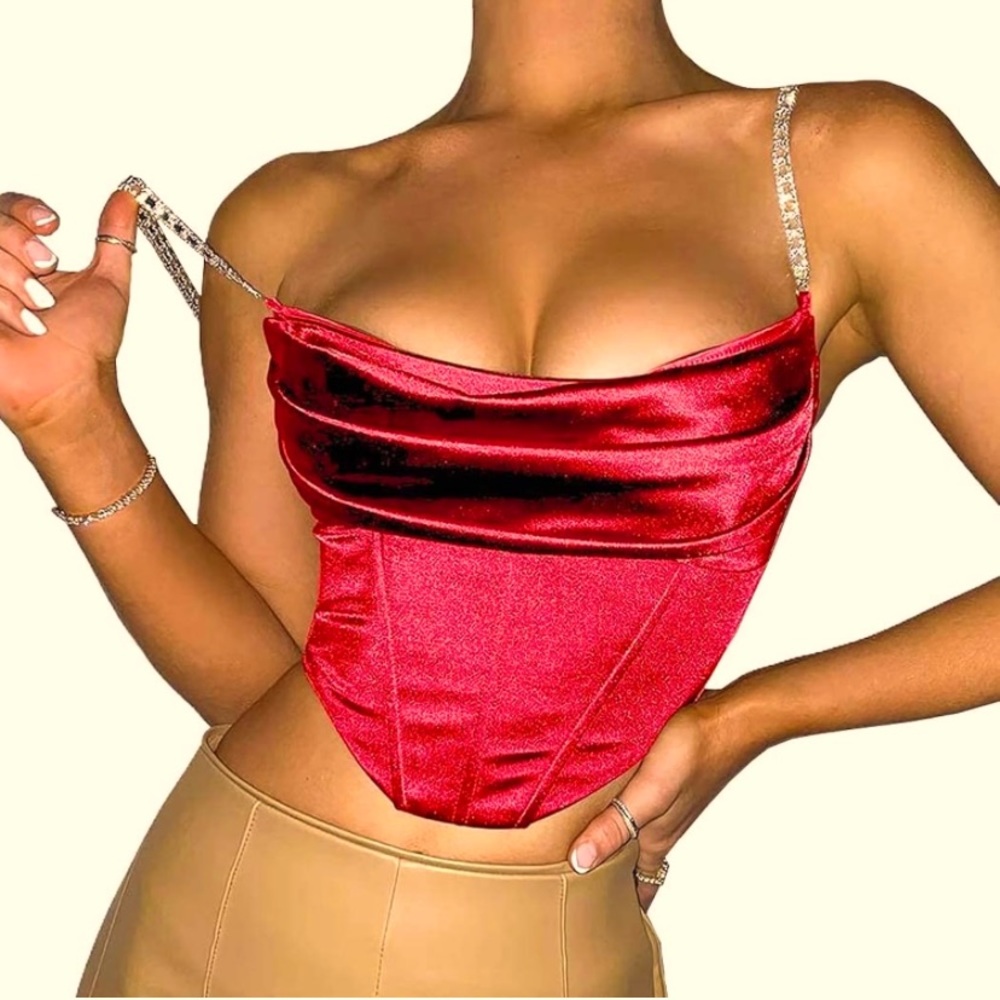 Red satin corset top with rhinestone straps